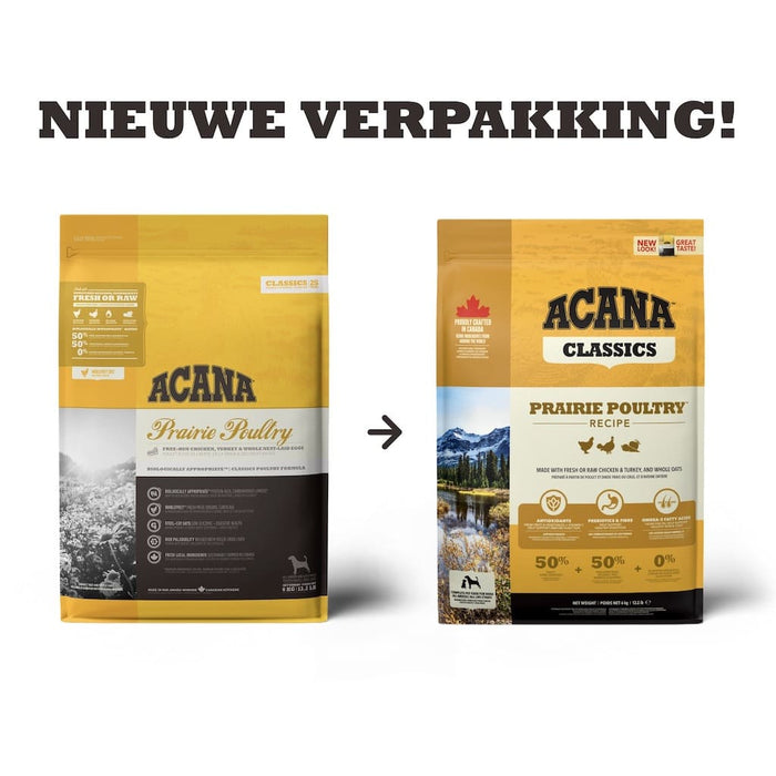 Acana Classics Prairie Poultry Hondenbrokken Nieuwe en Oude Verpakking Naast elkaar