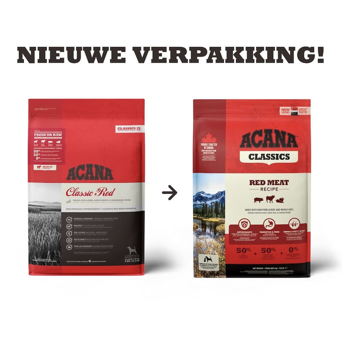 Acana Classics Red Meat Hondenbrokken Nieuwe en Oude Verpakking Naast elkaar