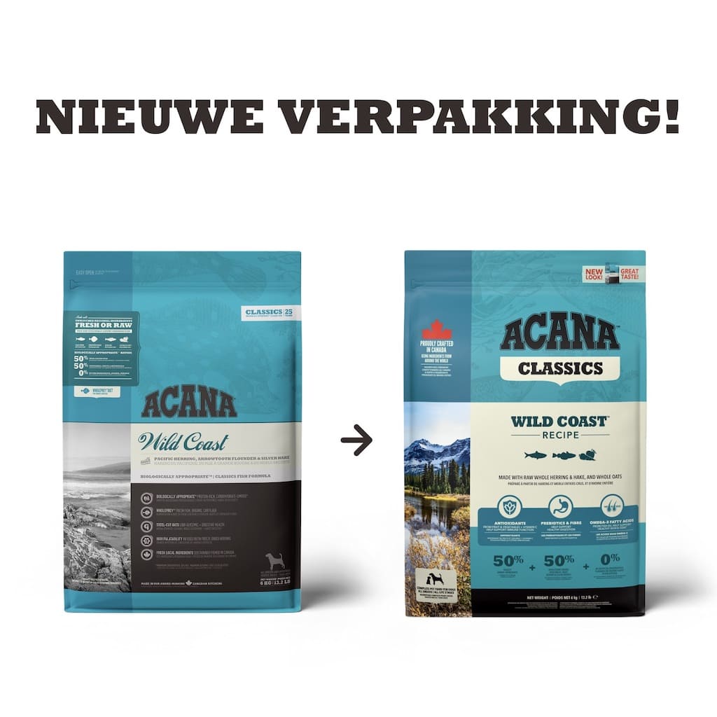 Acana Classics Wild Coast Hondenbrokken Nieuwe en Oude Verpakking Naast elkaar
