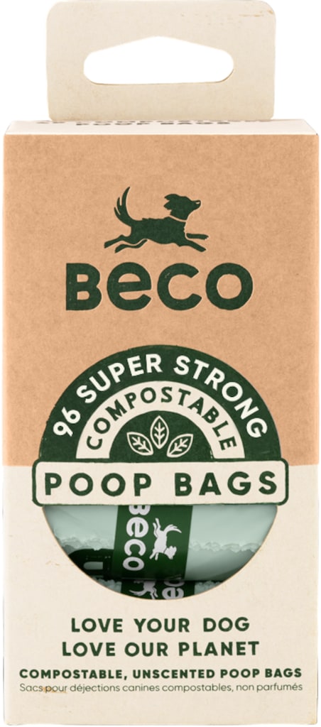 Voorkant verpakking van Beco composteerbare hondenpoepzakjes 96 stuks