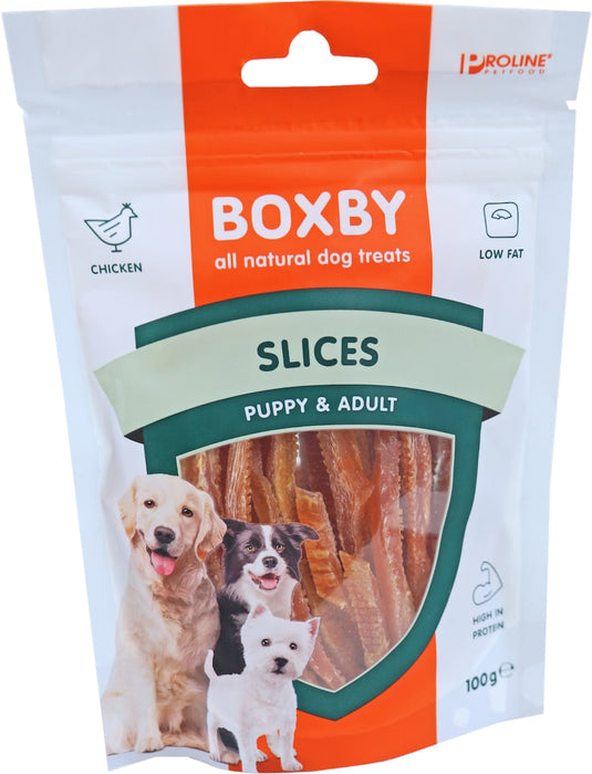Boxby Chicken Slices Hondensnack 100g Voorkant Verpakking