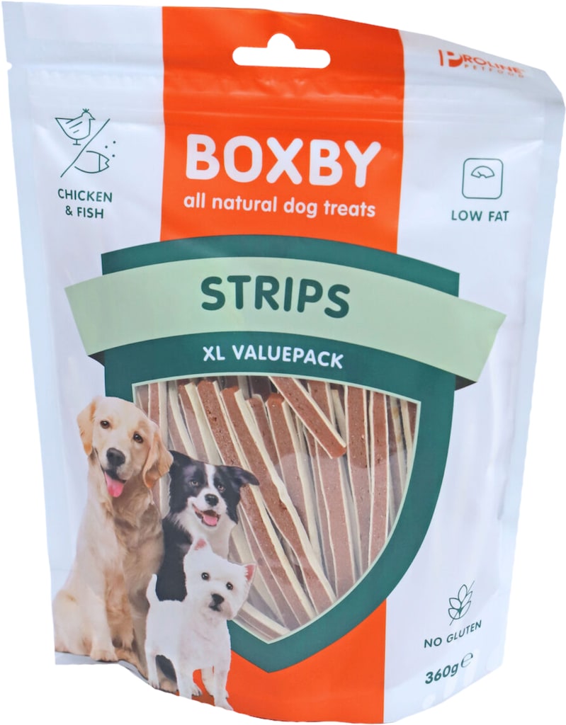Boxby Strips Hondensnack 360g Voorkant Verpakking