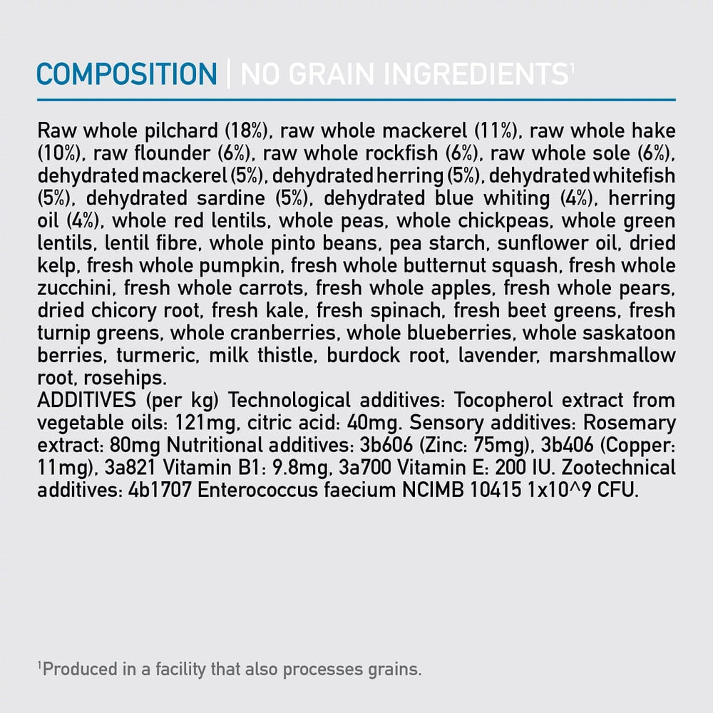 Orijen Adult Six Fish Hondenbrokken Tabel met ingredienten