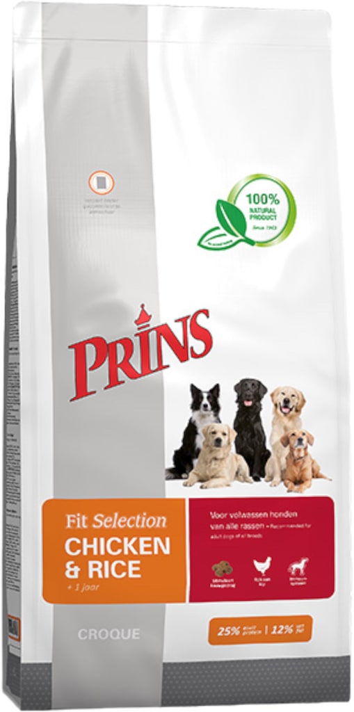 Prins Fit Selection Kip Rijst Hondenbrokken 15kg Voorkant Verpakking