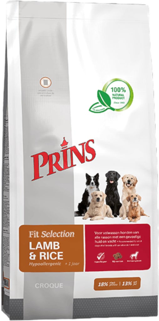 Prins Fit Selection Lam Rijst Hondenbrokken 15kg Voorkant Verpakking