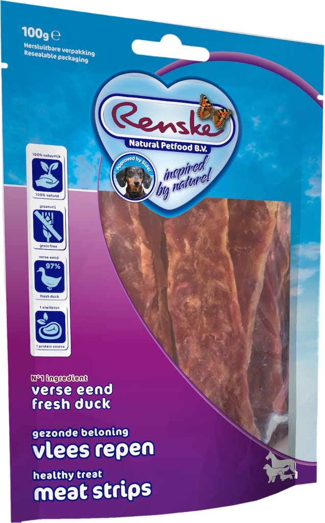 Renske Vleesrepen Eend Hondensnack Voorkant Verpakking