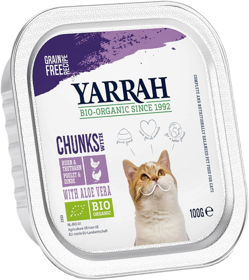 Yarrah Biologisch Natvoer met Kip en Kalkoen voor Katten voorkant verpakking