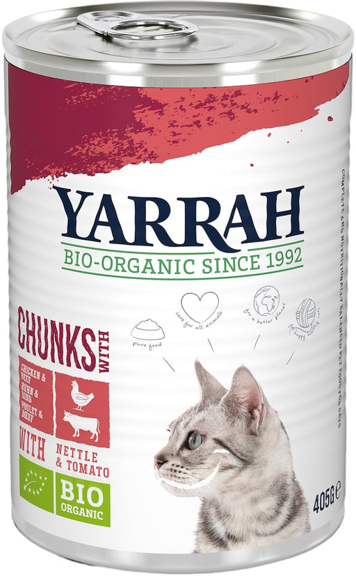 Yarrah Bio Chunks Kattenvoer met Kip en Rund Blik van 405 gram Voorkant Verpakking