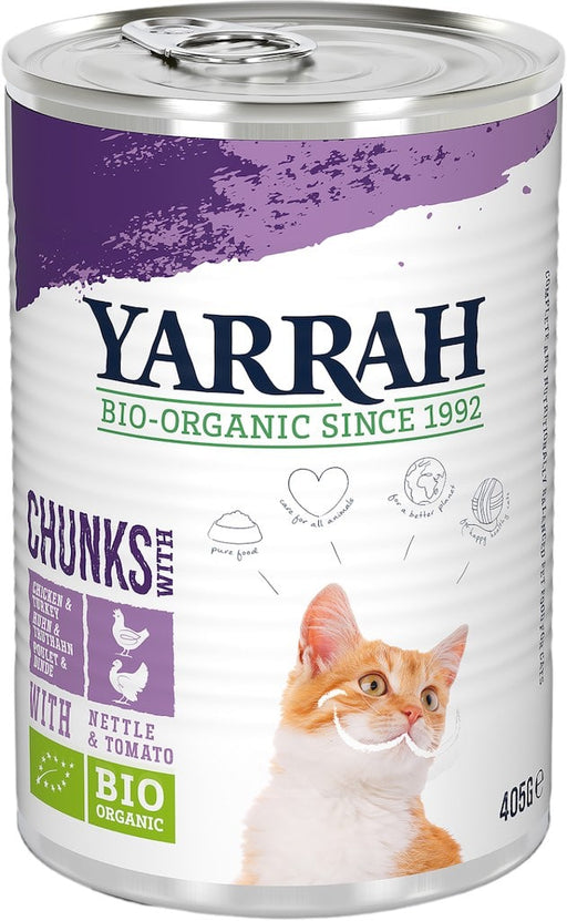 Yarrah Chunks Kip Kalkoen Kattenvoer 405g Voorkant Verpakking