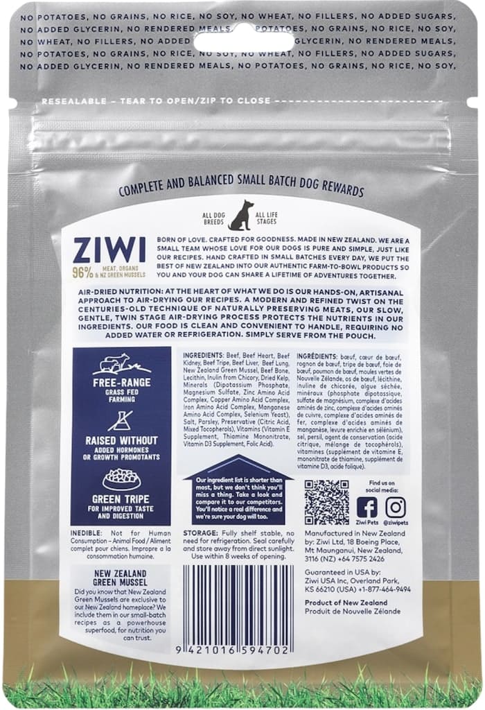 Ziwi Peak Dog Rewards met Rund achterkant verpakking